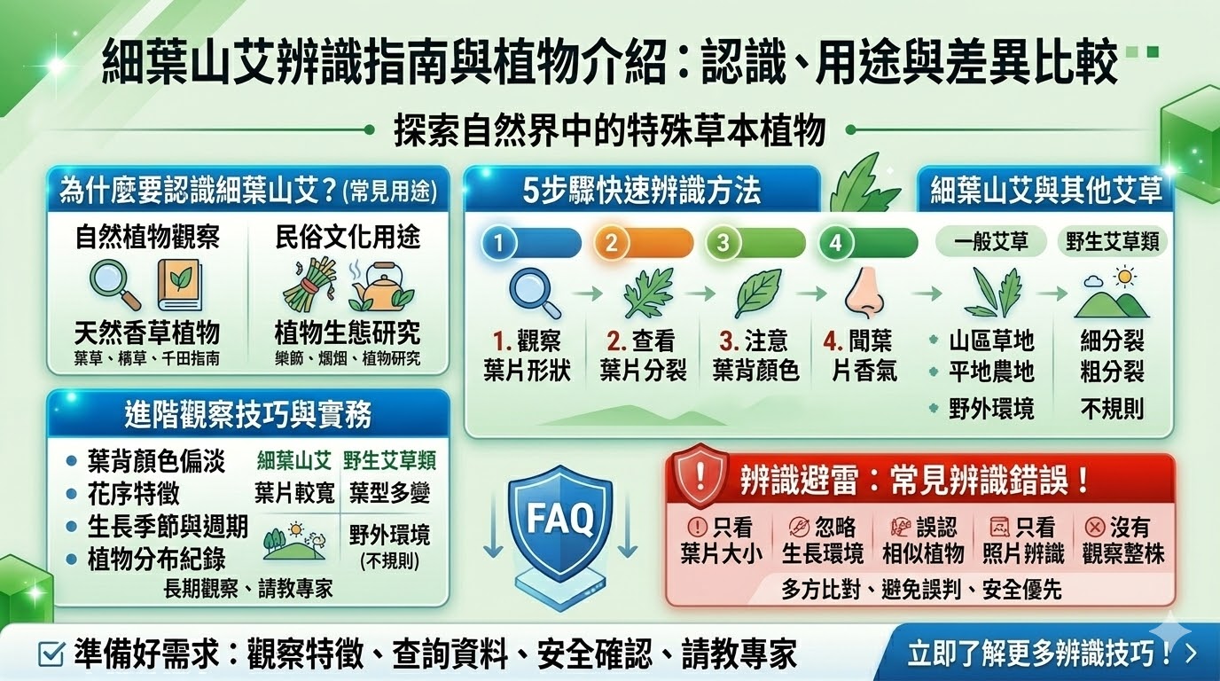 細葉山艾是一種廣泛分布於亞洲山區與野外環境的草本植物，屬於艾草類植物的一種，因其具有細長的葉片特徵與濃郁的特殊香氣而得名。對於喜愛自然植物觀察的新手來說，學習辨識細葉山艾的關鍵在於觀察其細長且具分裂的葉片，以及偏淡的葉背顏色。這種植物不僅在民俗文化中佔有一席之地，也是野外探險時常見的天然香草。透過正確的辨識方法與環境觀察，您能更安全且深入地探索這類迷人的自然植被。